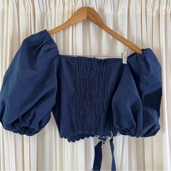 Anthropologie Mare Mare Puff-Sleeve Linen Wrap Blouse Navy White Scallop Sz Smal - Picture 6 of 9